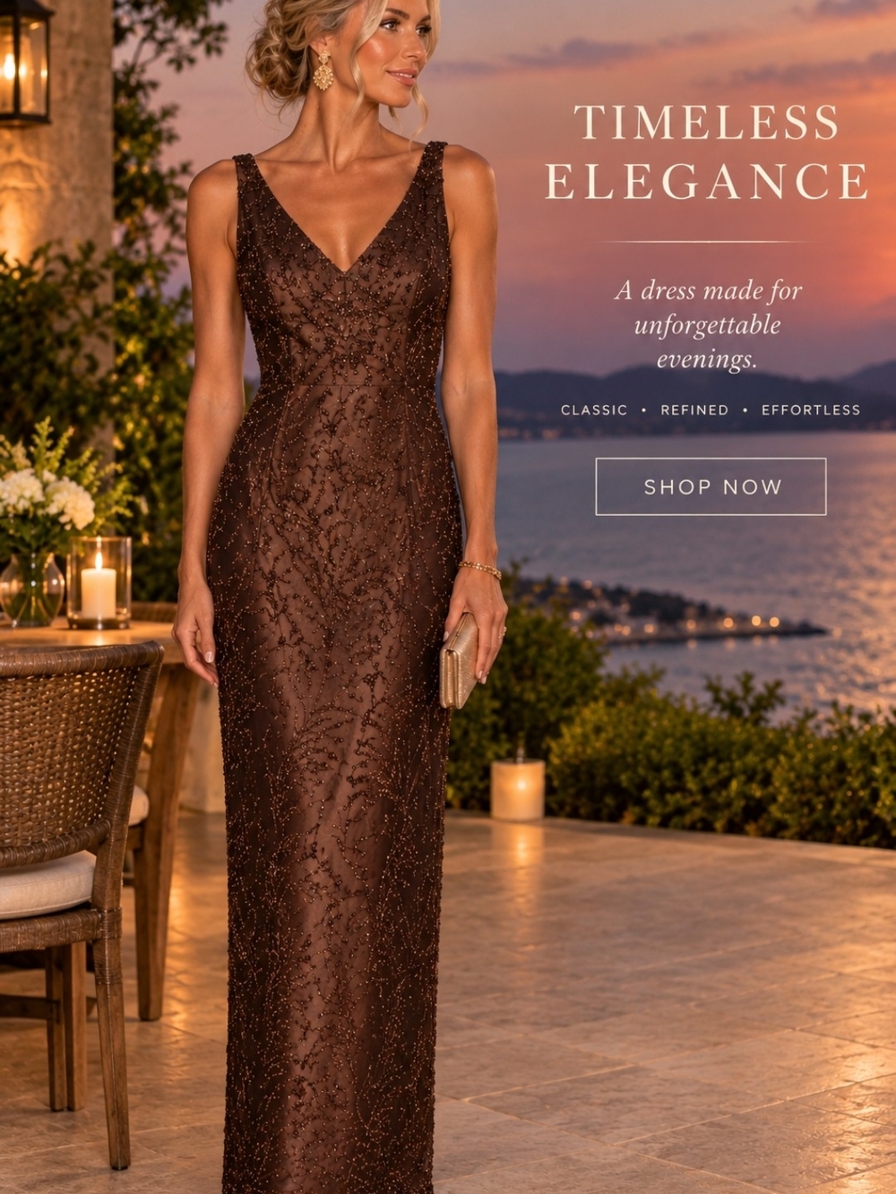 Carmen Marc Valvo Beaded A Line V-Neck Maxi Dress